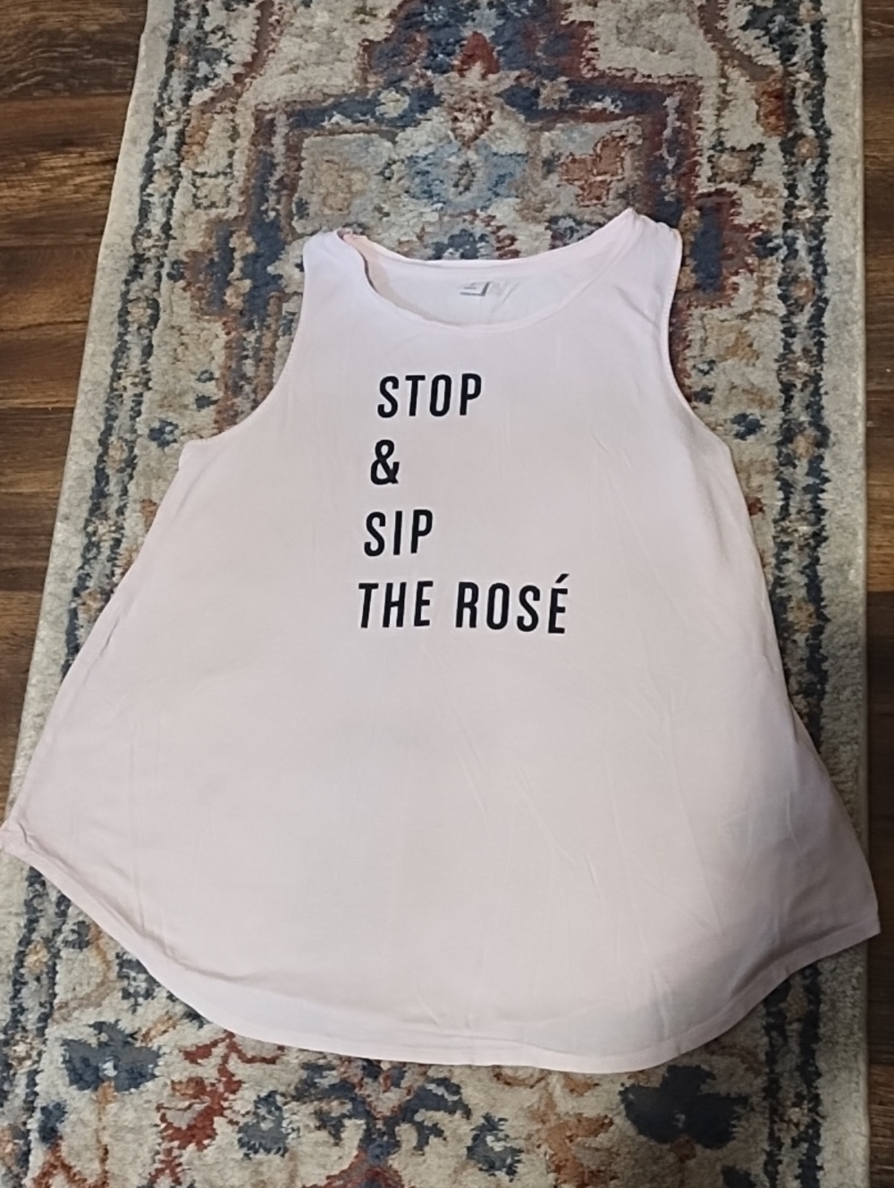 Old Navy Pale Pink Tank with Black Slogan "Stop & Sip The Rose' Size Large VGC.